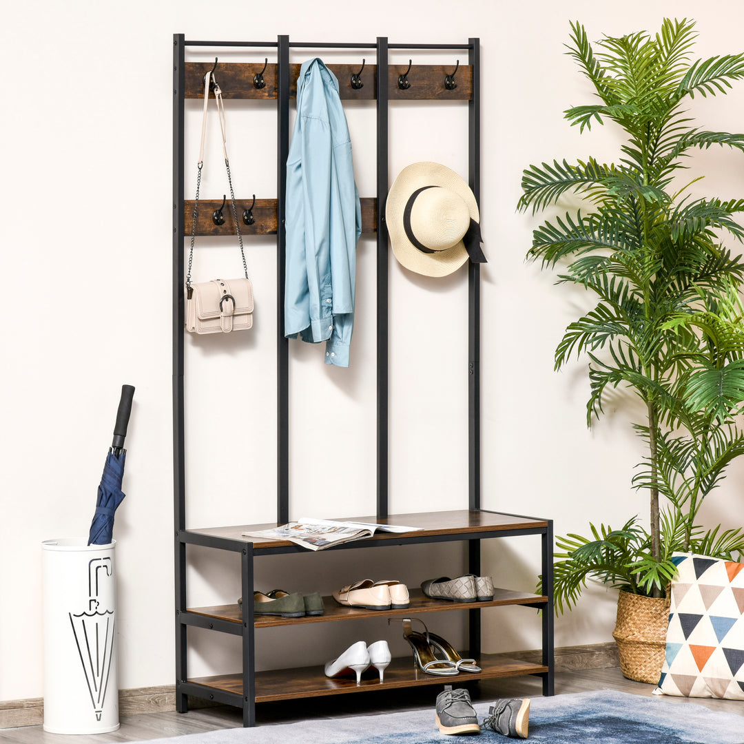 Coat Rack Stand, Free Standing Hall Tree, Coat Stand with Hooks, Bench and Shoe Rack, 100cm x 38.5cm x 185.5cm, Industrial Style, Rustic Brown and Black