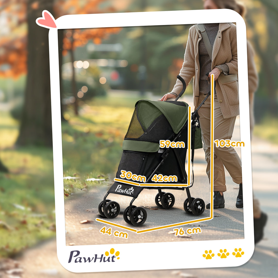 Foldable Dog Stroller, Lightweight Dog Pram w/ Shoulder Strap, Storage Bag, Cup Holder, Dark Green