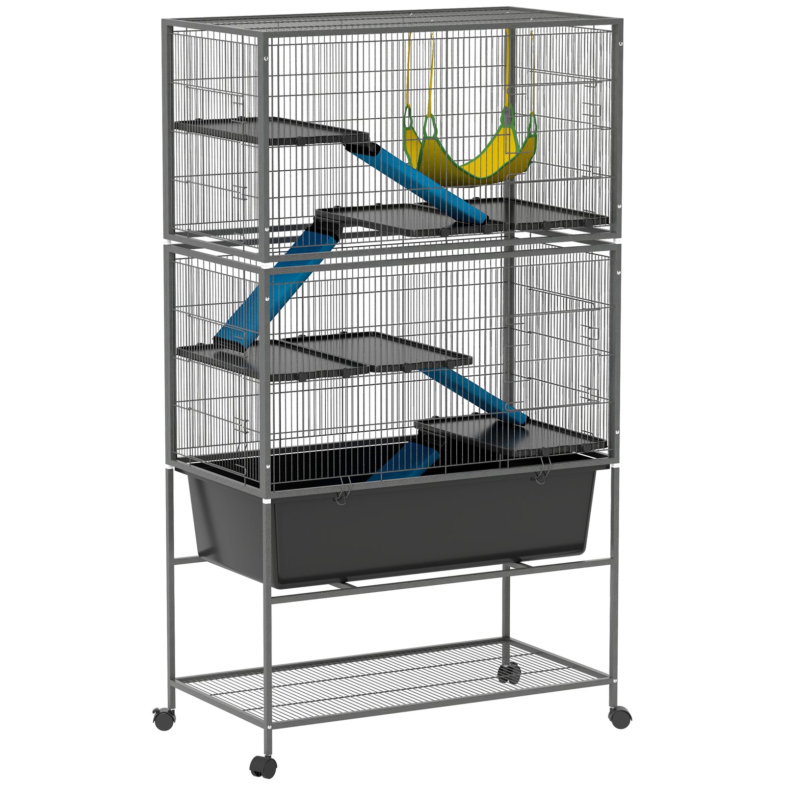5 Levels Rolling Small Animal Cage with Non Slip Ramps, Slide Out 16cm Deep Tray, 88 x 48 x 150.5cm, Dark Grey