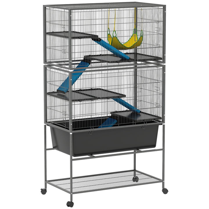 5 Levels Rolling Small Animal Cage with Non Slip Ramps, Slide Out 16cm Deep Tray, 88 x 48 x 150.5cm, Dark Grey