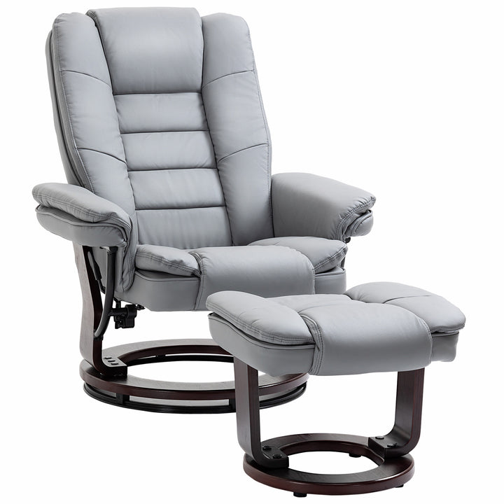 HOMCOM Recliner Chair With footstool, Recliner Armchair up to 130kg Weight Capacity, 135° Reclining Swivel Sofa Chair, PU Leather Ergonomic Couch Bed with Swivel Wood Base for Living Room, Grey