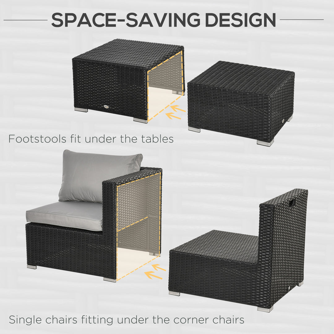 MCL 8 Pieces PE Rattan Sofa Set with Cushions, Garden Corner Sofa with 4 Seater Sofa, 2 Footstools and 2 Coffee Table Set, Space-saving Design, No Assembly Required, Black