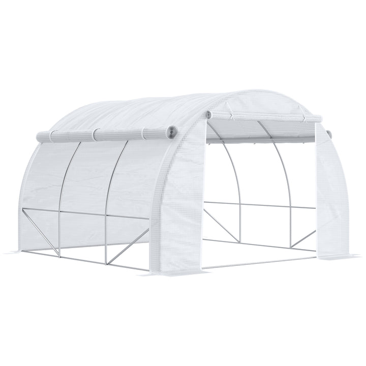 3 x 3 x 2 m Polytunnel Greenhouse with Roll-up Side Walls, Walk-in Grow House Tent with Steel Frame, Reinforced Cover, Zipped Door and 6 Mesh Windows for Garden, White
