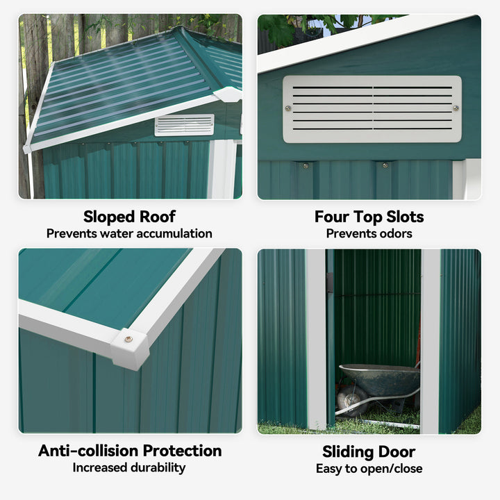 Garden Metal Tool Storage Shed with Sliding Door, Sloped Roof and Floor Foundation, 152 x 132 x 188cm, Green
