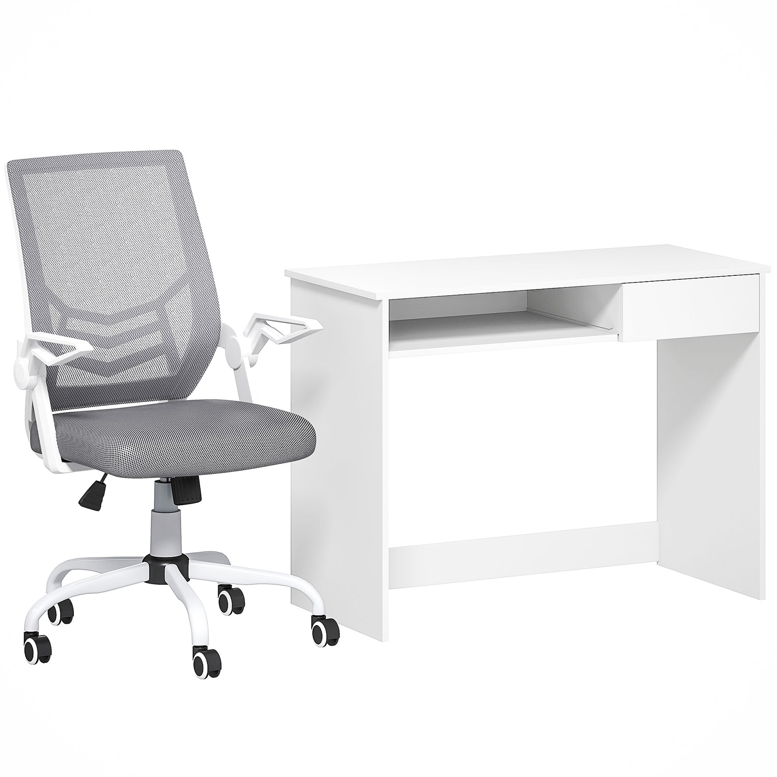 Home Office Chair and Computer Desk Set, Mesh Chair with with 90° Flip-up Armrest, Study Desk with Keyboard Tray and Drawer, White and Grey
