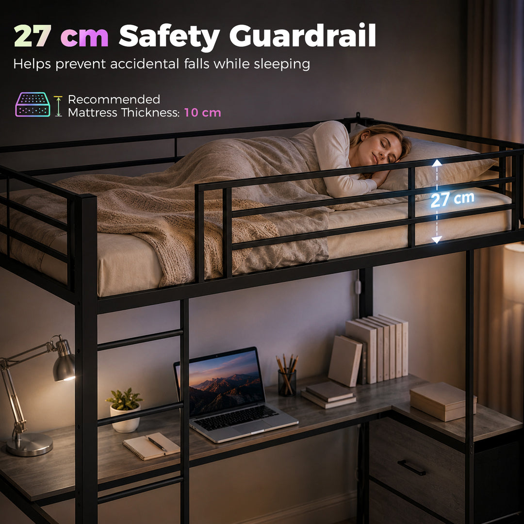 Metal Bunk Bed with Desk, High Sleeper Bed with LED Light and Safety G
