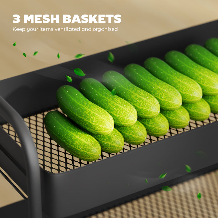 3-Tier Storage Trolley on Wheels, Rolling Utility Cart with Mesh Backets for Kitchen, Bathroom, Bedroom