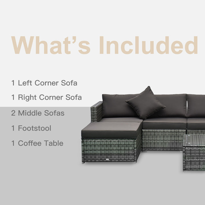 6 Pieces Rattan Garden Furniture Set, 5 Seater Sectional Garden Corner Sofa Set with Glass Top Coffee Table, Cushions and Pillows, All-Weather Wicker Conversation Furniture, Grey