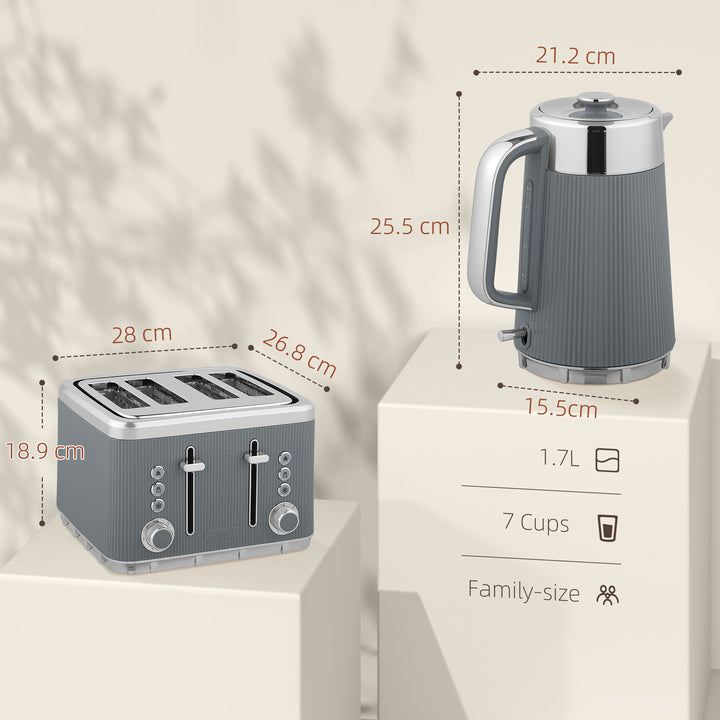 Electric Kettle and Toaster Set, 3000W 1.7L UK Strix Thermostat Rapid Boil Jug Kettle with Limescale Filter, Cool Touch Body, 4 Slice Toaster with 7 Browning Controls, Crumb Tray, Grey