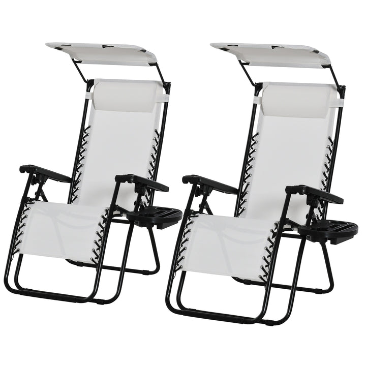 2 Piece Foldable Reclining Garden Chair with Headrest, Zero Gravity Deck Sun Lounger Seat Chair with Footrest, Armrest, Cup Holder & Canopy Shade, White