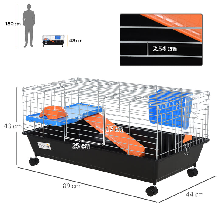 Small Animal Cage Rabbit Guinea Pigs Chinchillas Cage w/ Wheels Water Bottle Food Dish Platform Ramp 89 x 44 x 43 cm Black
