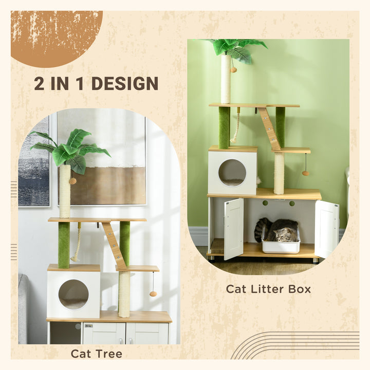 PawHut Cat Tree w/ Hidden Litter Box Enclosure, 2 in 1 Green Leaf Cat Tower Litter Box Furniture w/ House, Ladder, Scratching Posts | Aosom UK