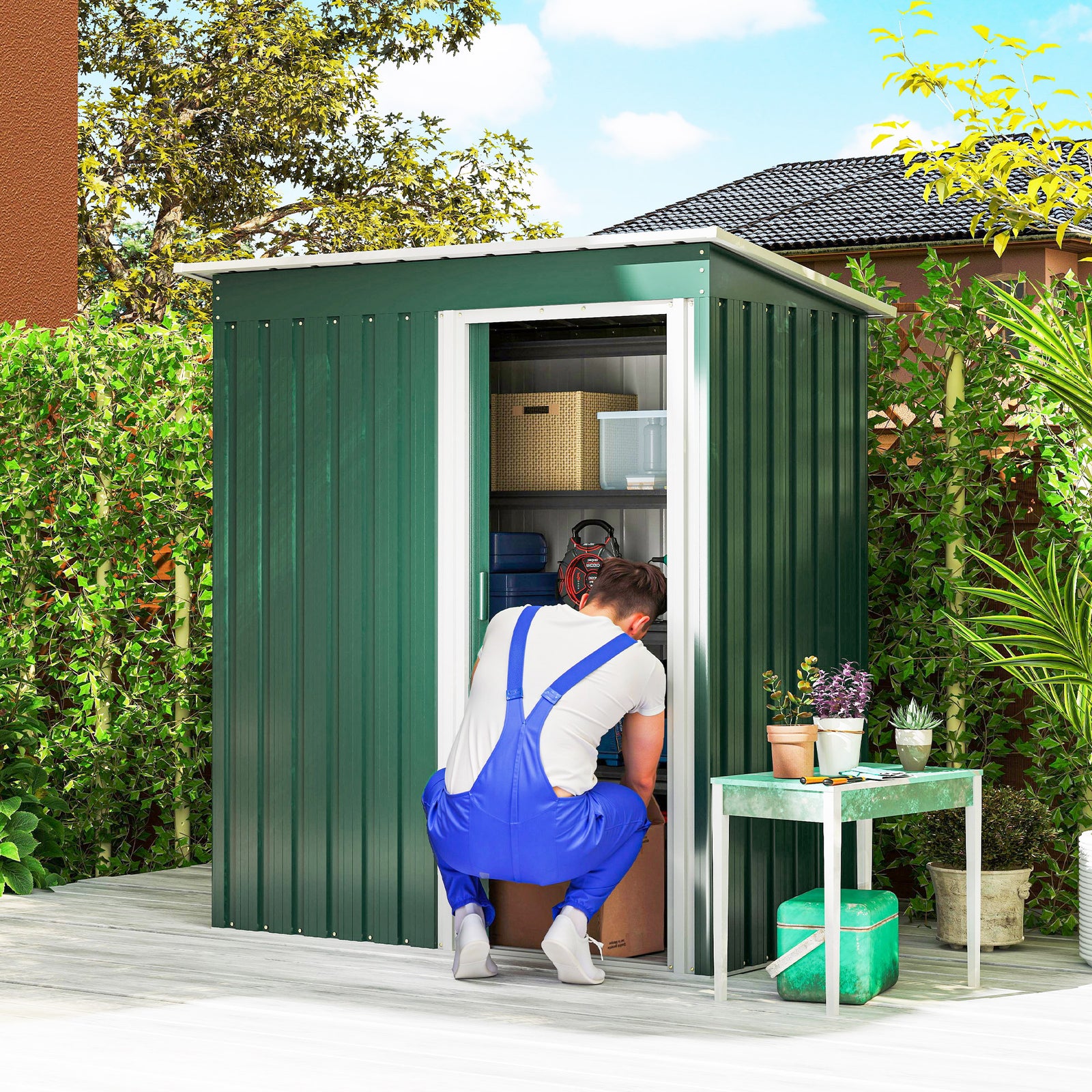 5 x 3ft Garden Storage Shed with Sliding Door and Sloped Roof Outdoor Equipment Tool, Green