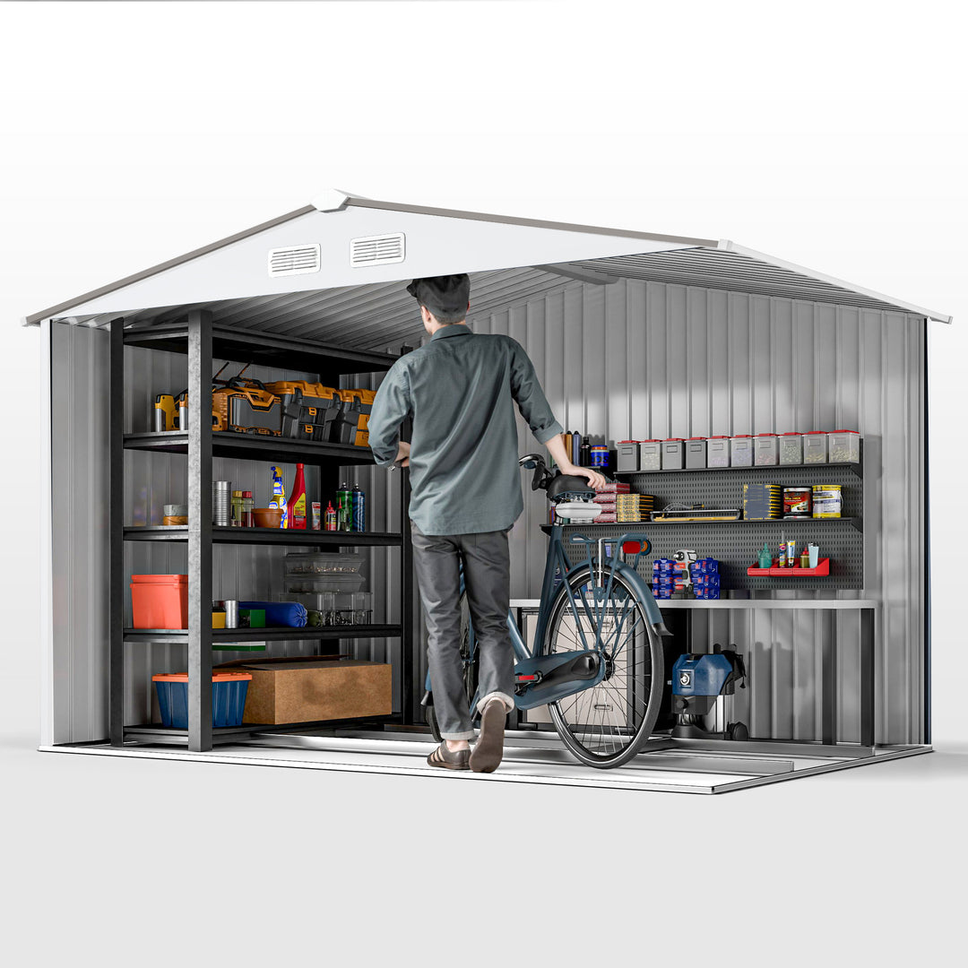 MCL Metal Bike Shed, Mobility Scooter Shed House with Foundation Kit, Ventilation, Doors, 9 x 6FT, Silver