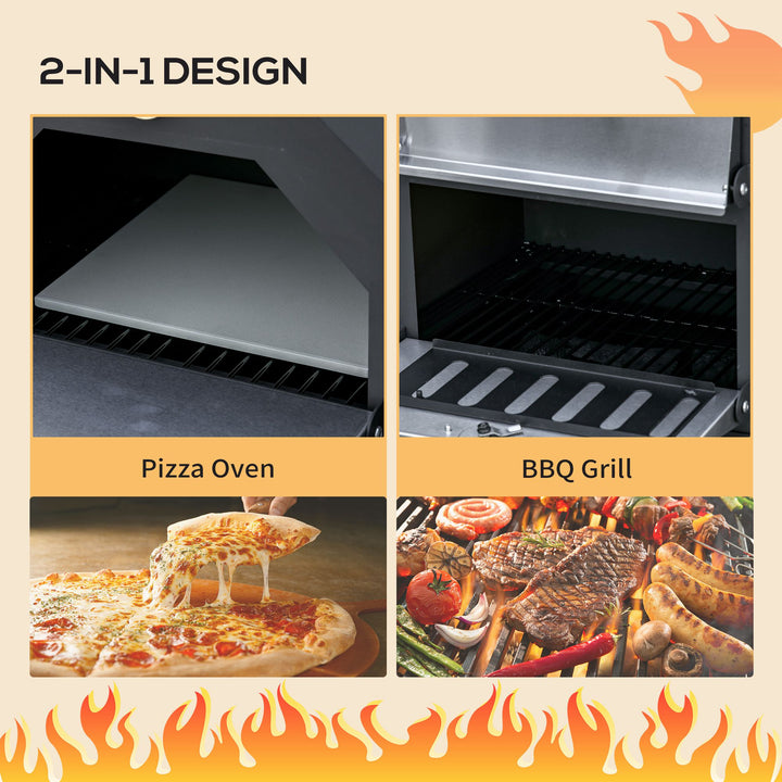 Outdoor Garden Pizza Oven Charcoal BBQ Grill 3-Tier Freestanding w/ Chimney, Mesh Shelf, Thermometer Handles, Wheels Garden Party Gathering Stainless Steel Cooker