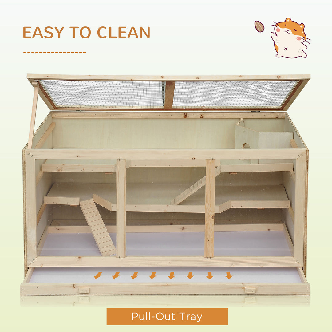 Wooden Hamster Cage, Small Animals Hutch with Tray, Openable Top, Exercise Play House Pen, 115L x 57W x 55Hcm, Natural