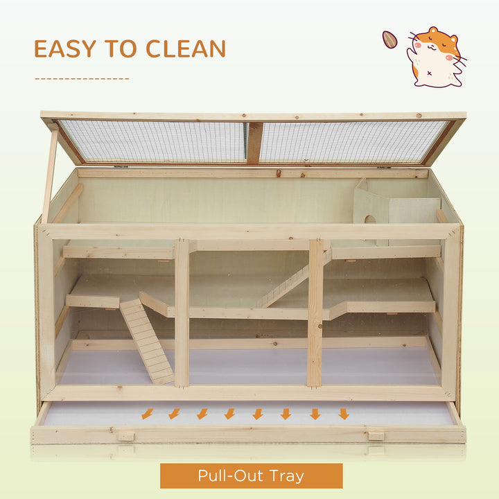 Wooden Hamster Cage, Small Animals Hutch with Tray, Openable Top, Exercise Play House Pen, 115L x 57W x 55Hcm, Natural