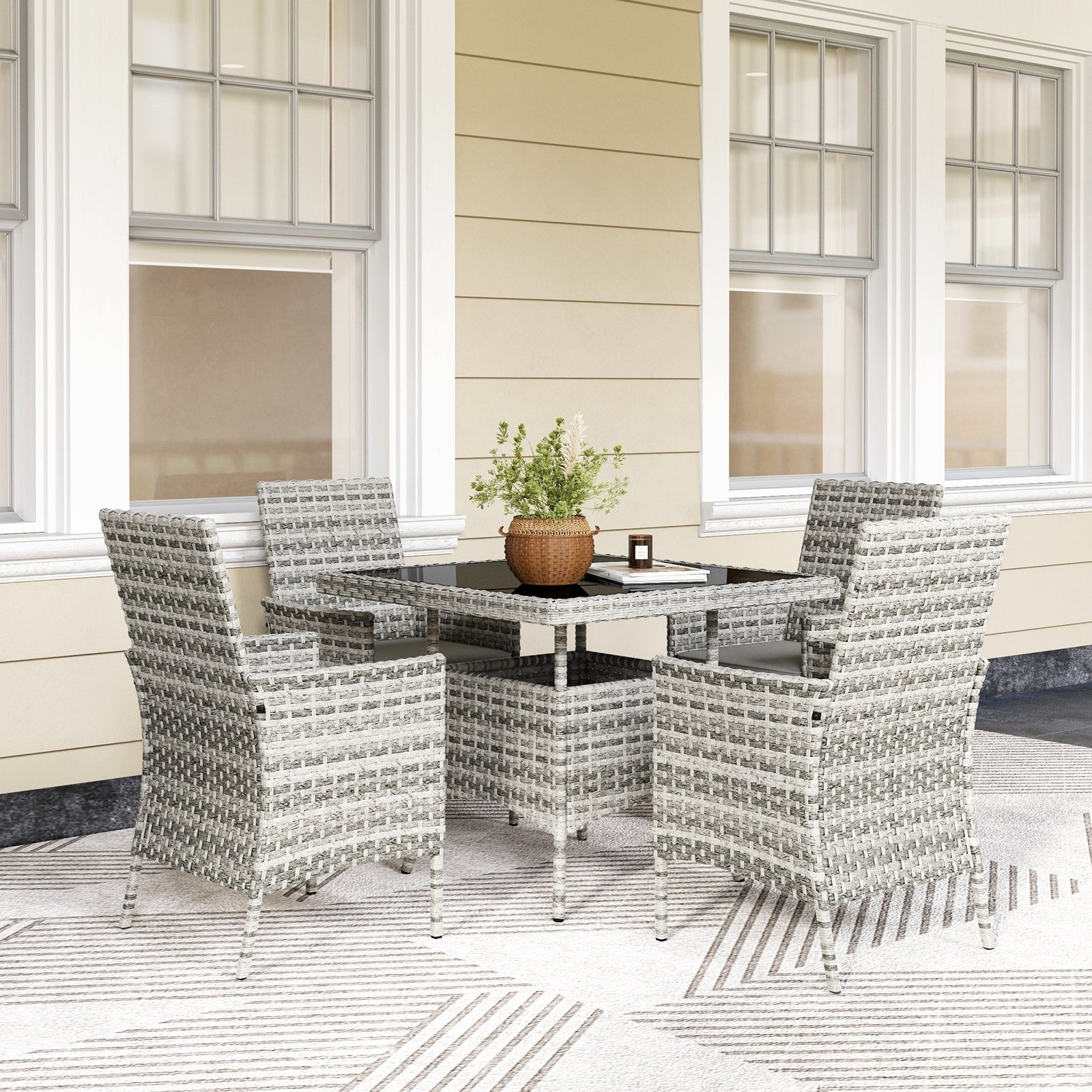 Rattan Garden Furniture Set, Outdoor Dining Table and Chairs 4 Seater with Cushions, Square Tempered Glass Top, 4 Armchairs, for Balcony, Terrace, Conservatory, Mixed-Grey