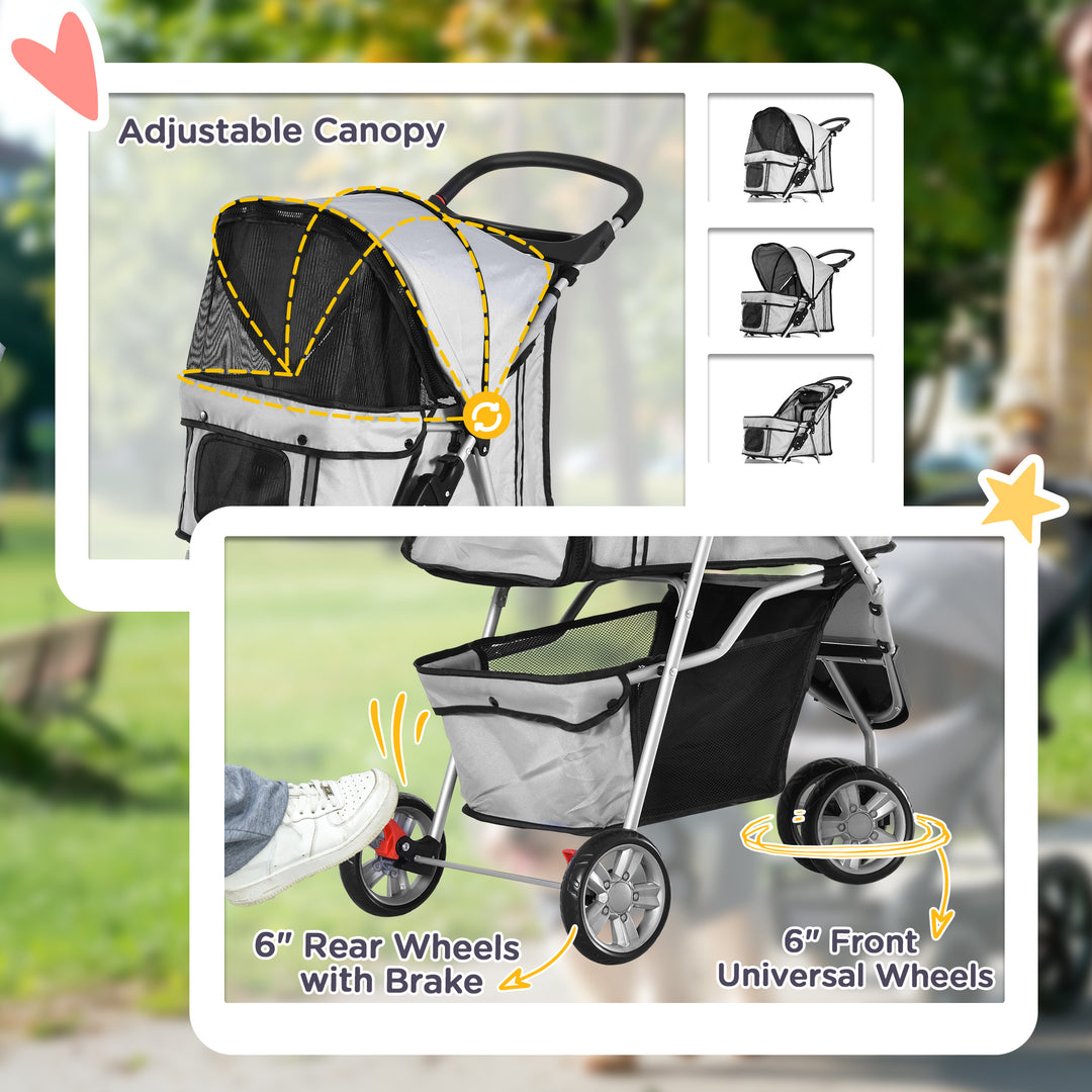 PawHut Dog Stroller Pet Travel Stroller Cat Dog Pushchair Trolley Puppy Jogger Carrier Three Wheels (Grey)