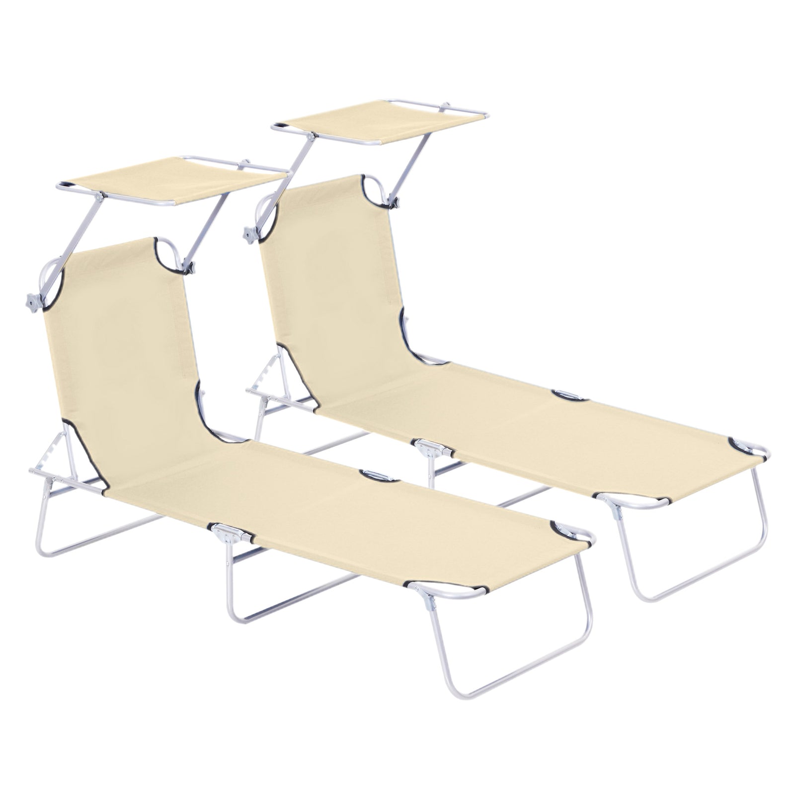2 Pieces Outdoor Foldable Sun Lounger, 4 Level Adjustable Backrest Reclining Sun Lounger Chair with Angle Adjust Sun Shade Awning for Beach, Garden, Patio, Beige
