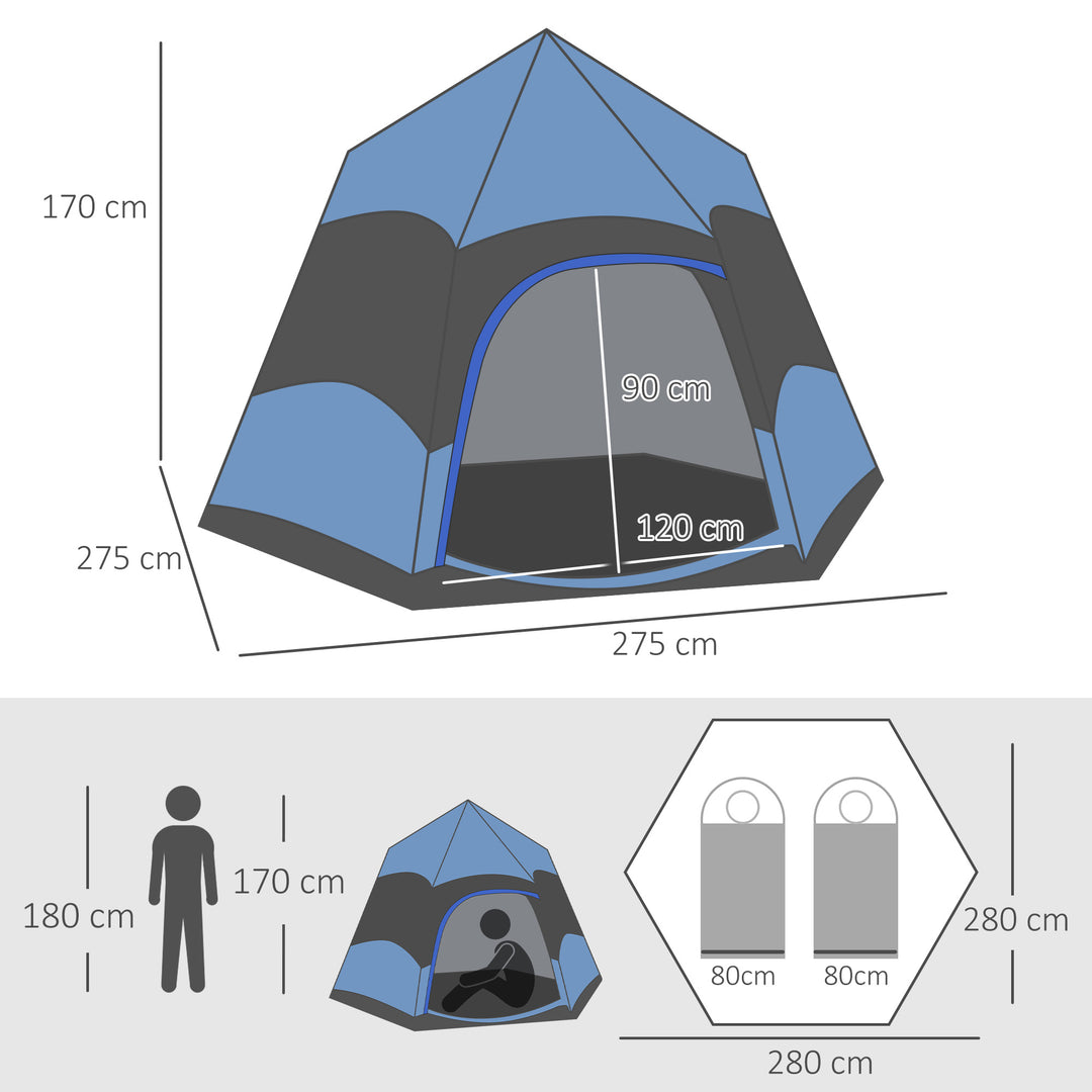 Six Man Hexagon Camping Tent with Hang Hook and Carry Bag - Blue and Black