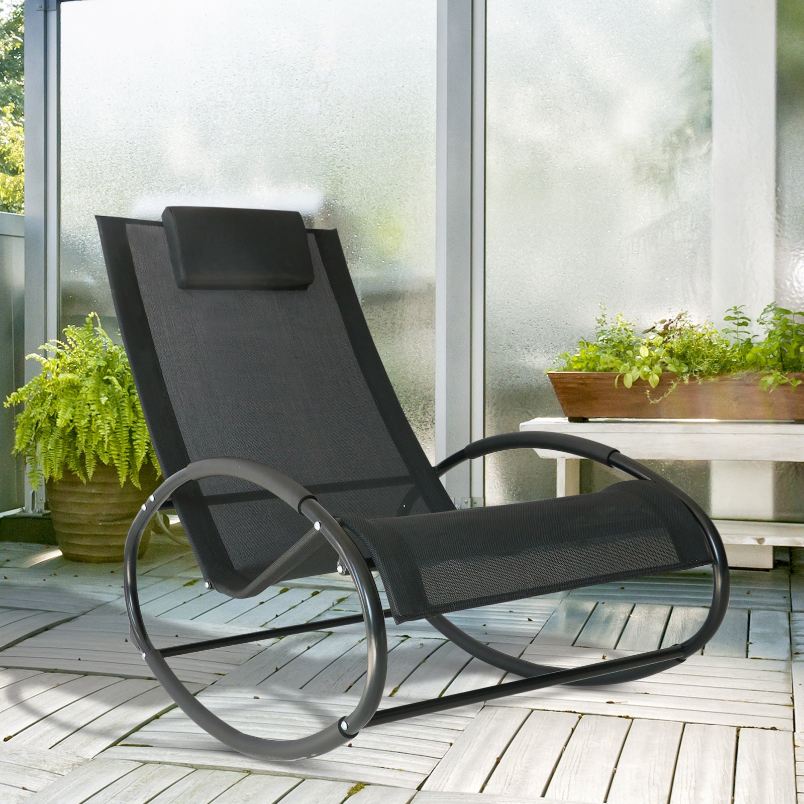 Rocking Chair Sun Lounger Recliner Rocker Texteline Fabric Patio Garden Relaxer with Pillow, Black