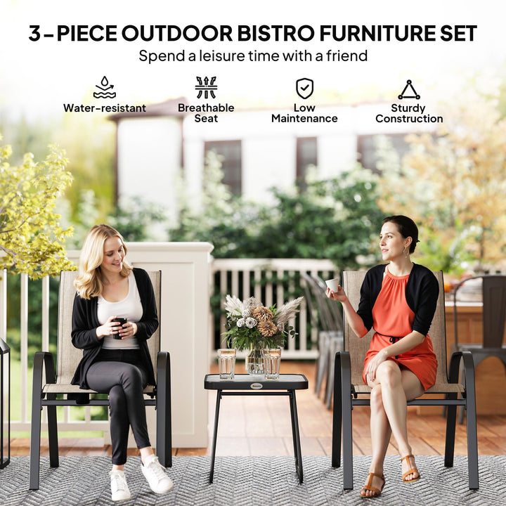 3 Pieces Outdoor Bistro Set, Patio Stackable Armchairs with Breathable Mesh Fabric and SPC Board Coffee Table, Brown
