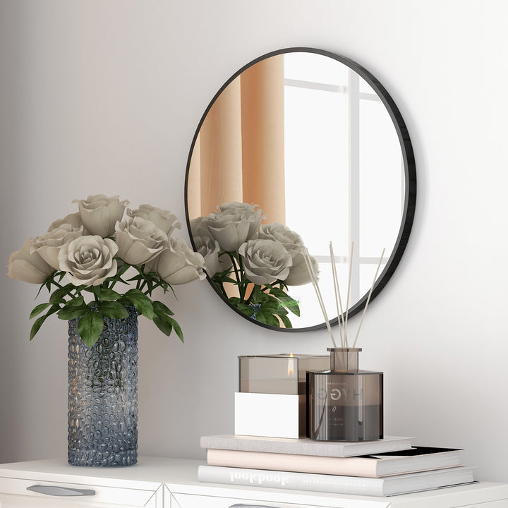 kleankin Round Bathroom Mirror: Wall-Mounted Makeup Mirror with Aluminium Frame, Black | Aosom UK