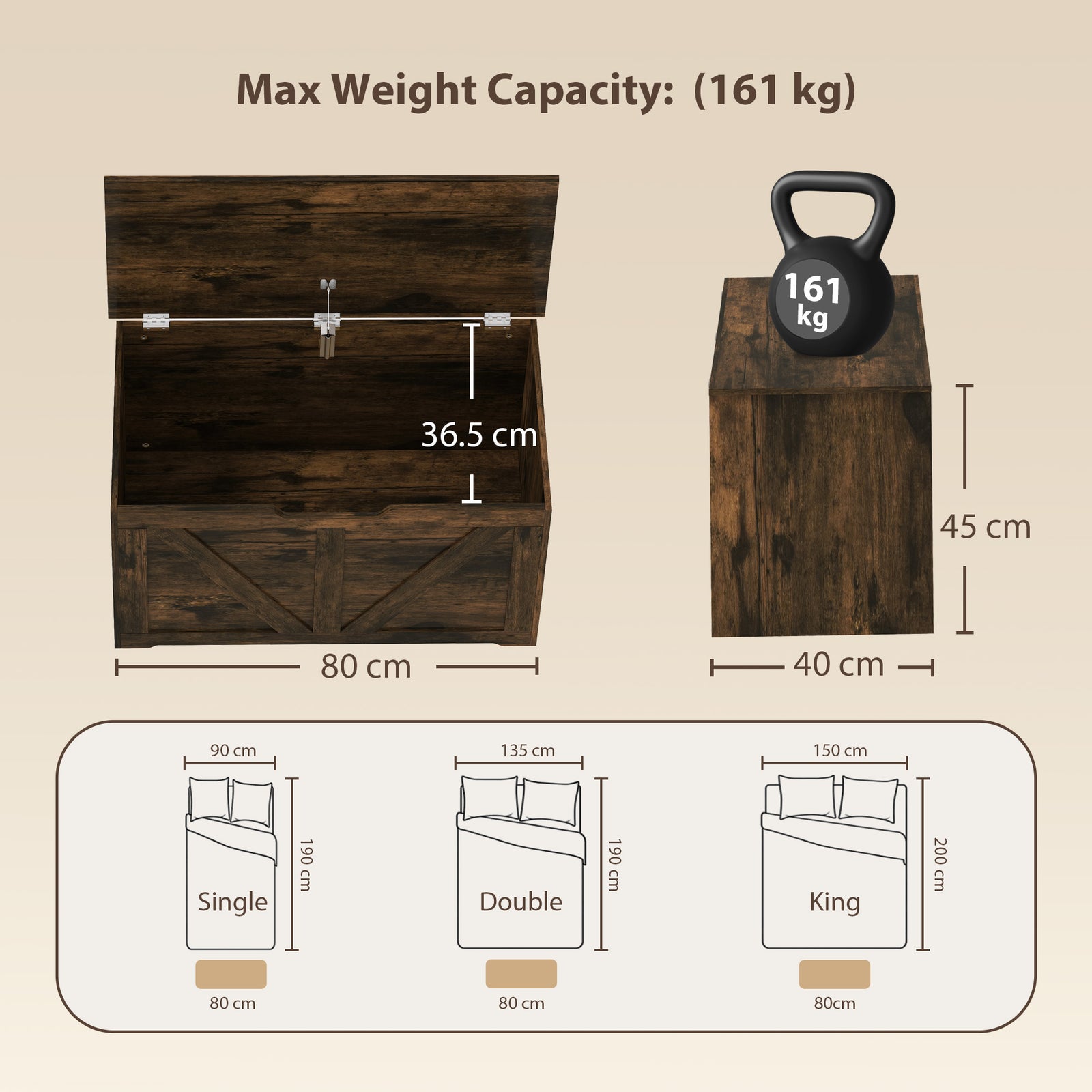 100L Home Storage Box, with Safety Hinge - Rustic Brown Wood-Effect