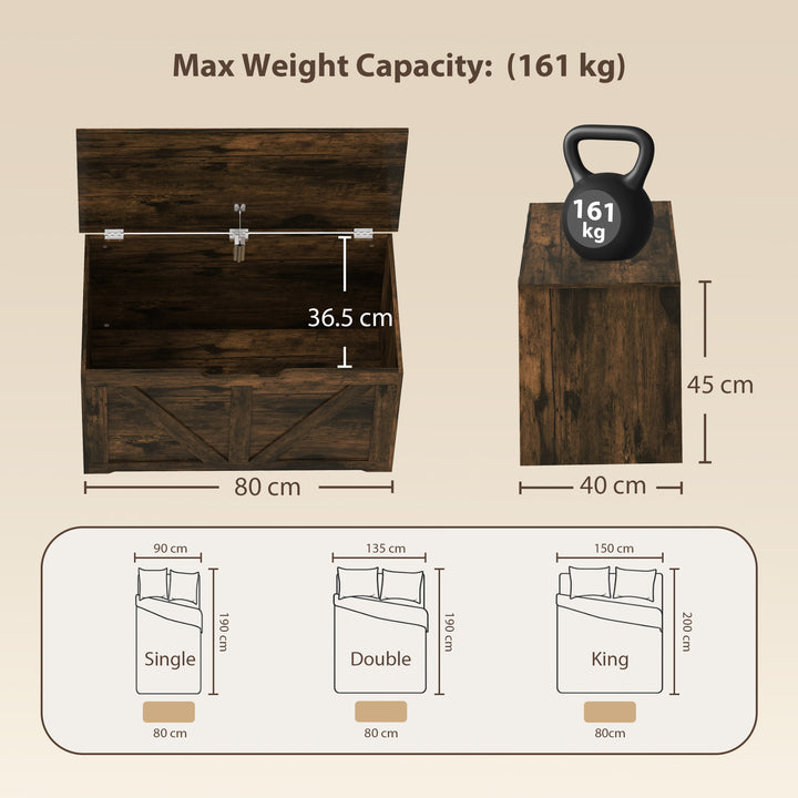 100L Home Storage Box, with Safety Hinge - Rustic Brown Wood-Effect