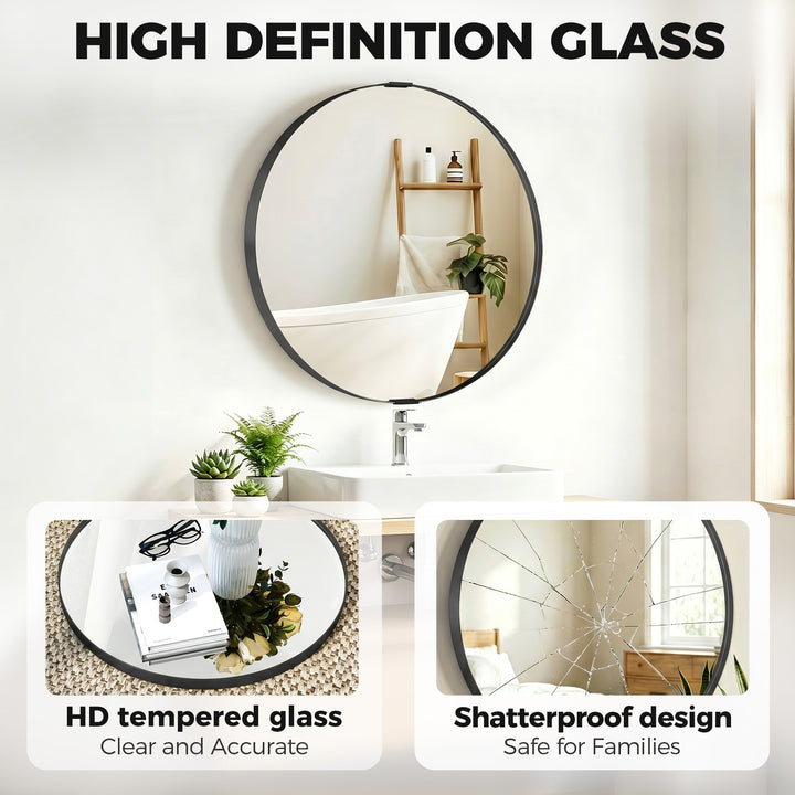 Round Wall Mirror 61 cm, Wall Mounted Bathroom Mirror with Tempered Sa