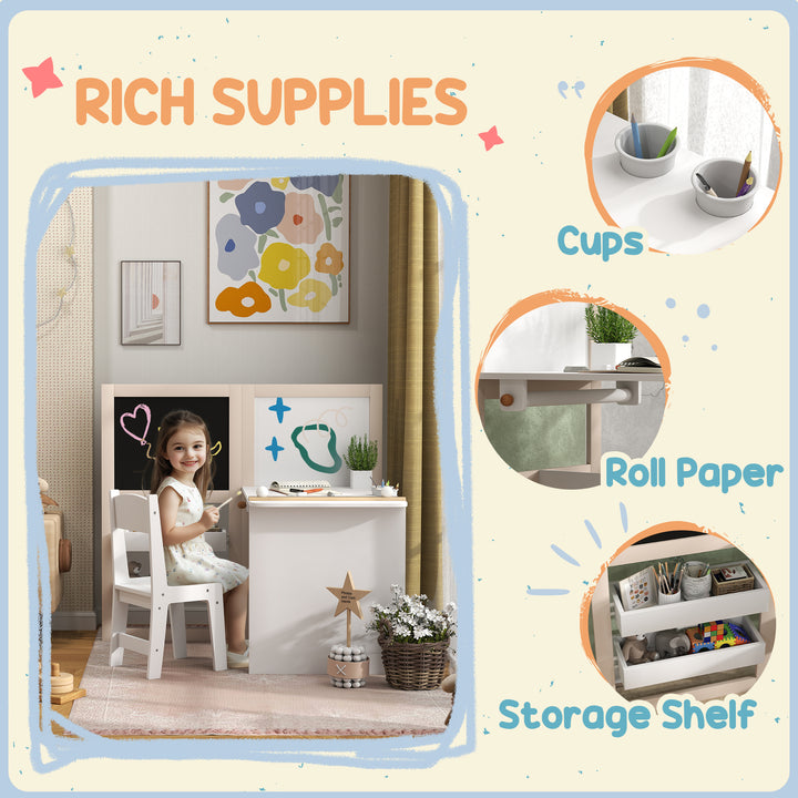 MCL 3 in 1 Kids Table and Chair Set with Storage, Whiteboard, Blackboard & Roll Paper for 3-8 Years, White