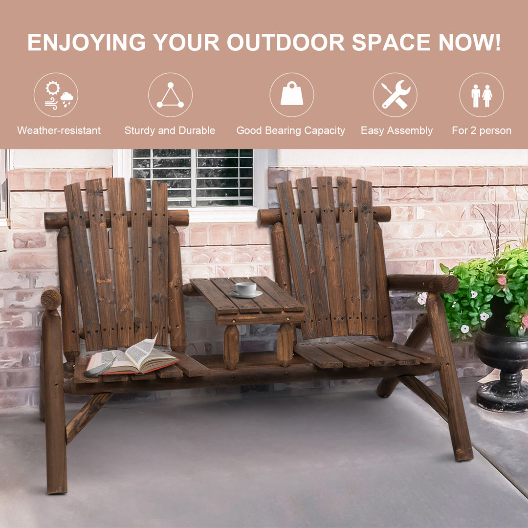 Wood Patio Chair Bench 2 Seats Jack and Jill Seat w/ Center Coffee Table, Garden Bench, Carbonized