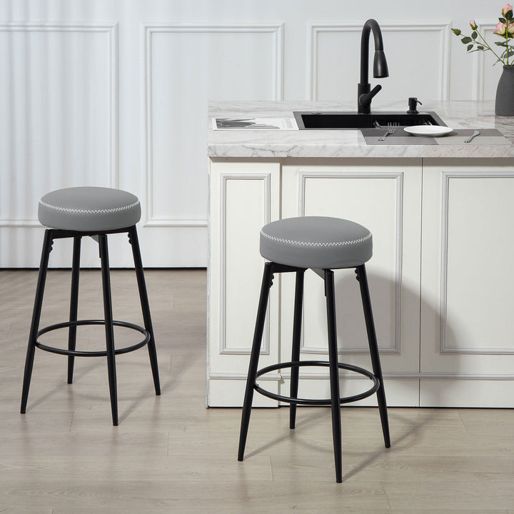 Set of Two Faux Leather Bar Stools - Grey/Black