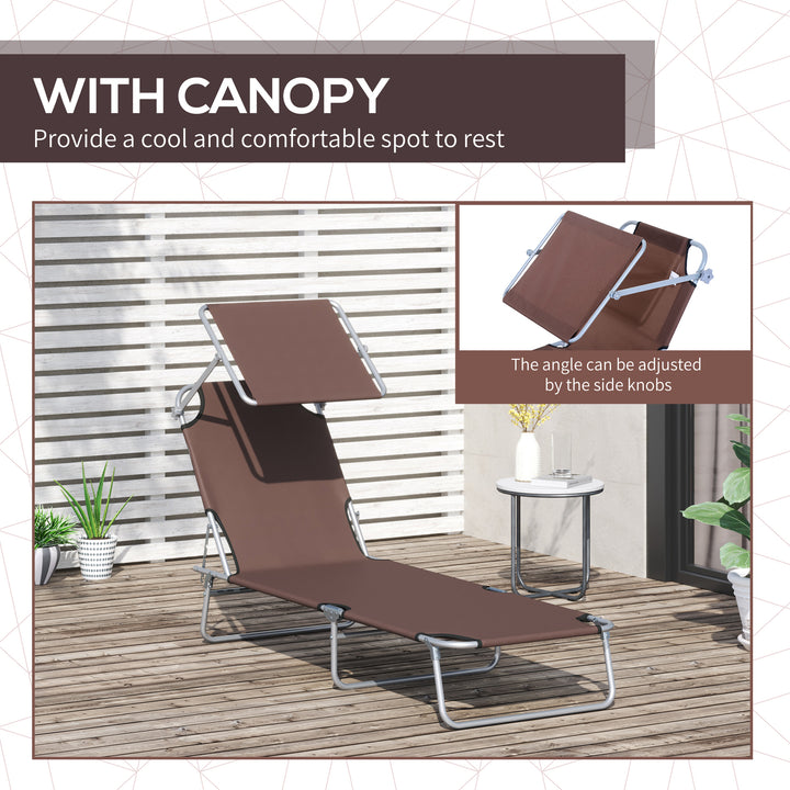 Outdoor Foldable Sun Lounger, 4 Level Adjustable Backrest Reclining Sun Lounger Chair with Angle Adjust Sun Shade Awning for Beach, Garden, Patio, Brown