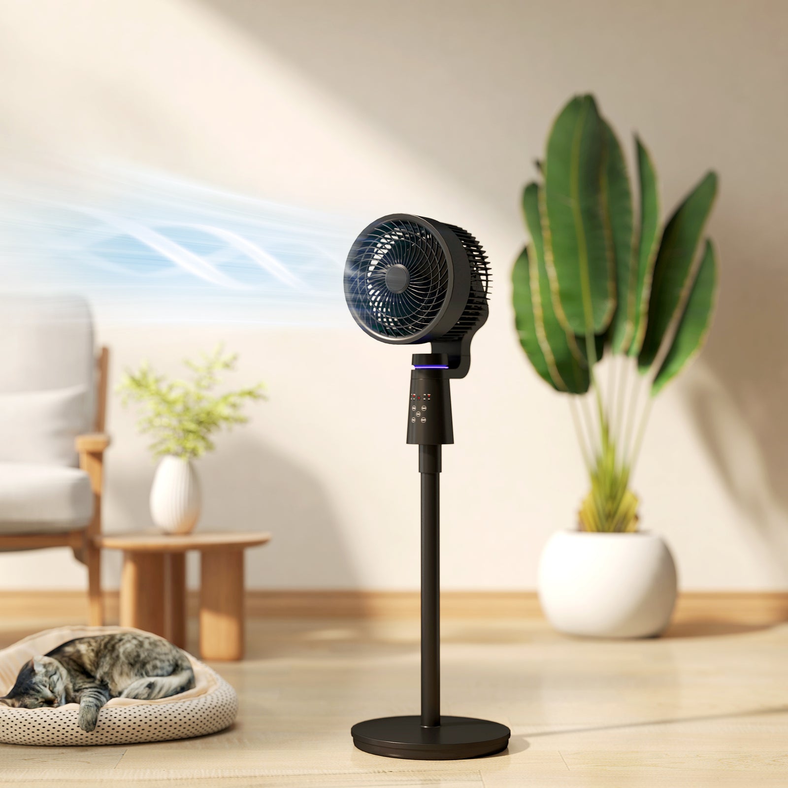 Pedestal Air Circulation Fan with Oscillating, Light Off, Black