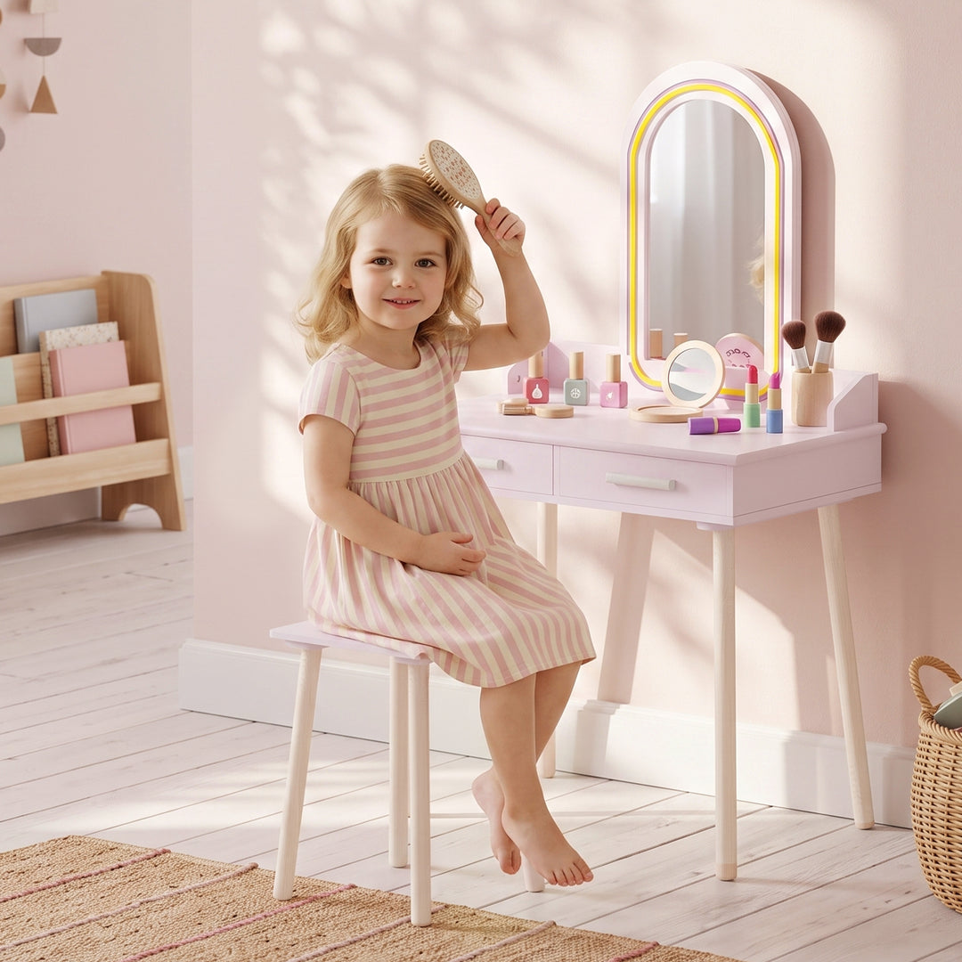 Kids Dressing Table, Girls Vanity Set with Stool, 3-Colour LED Lights 