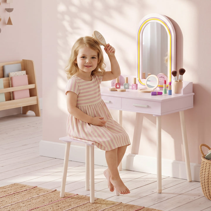 Kids Dressing Table, Girls Vanity Set with Stool, 3-Colour LED Lights 