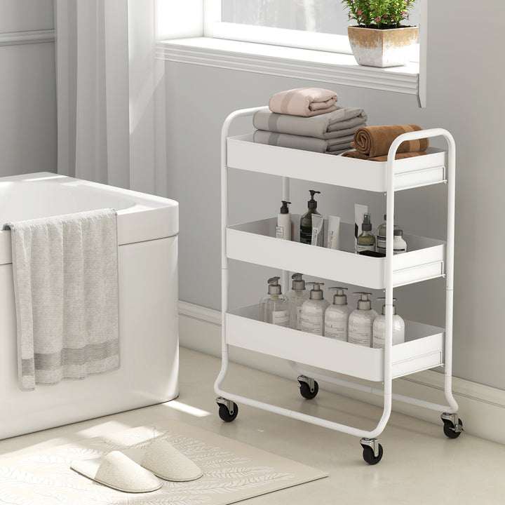 3-Tier Storage Trolley on Wheels, Rolling Utility Cart with Mesh Backets for Kitchen, Bathroom, Bedroom