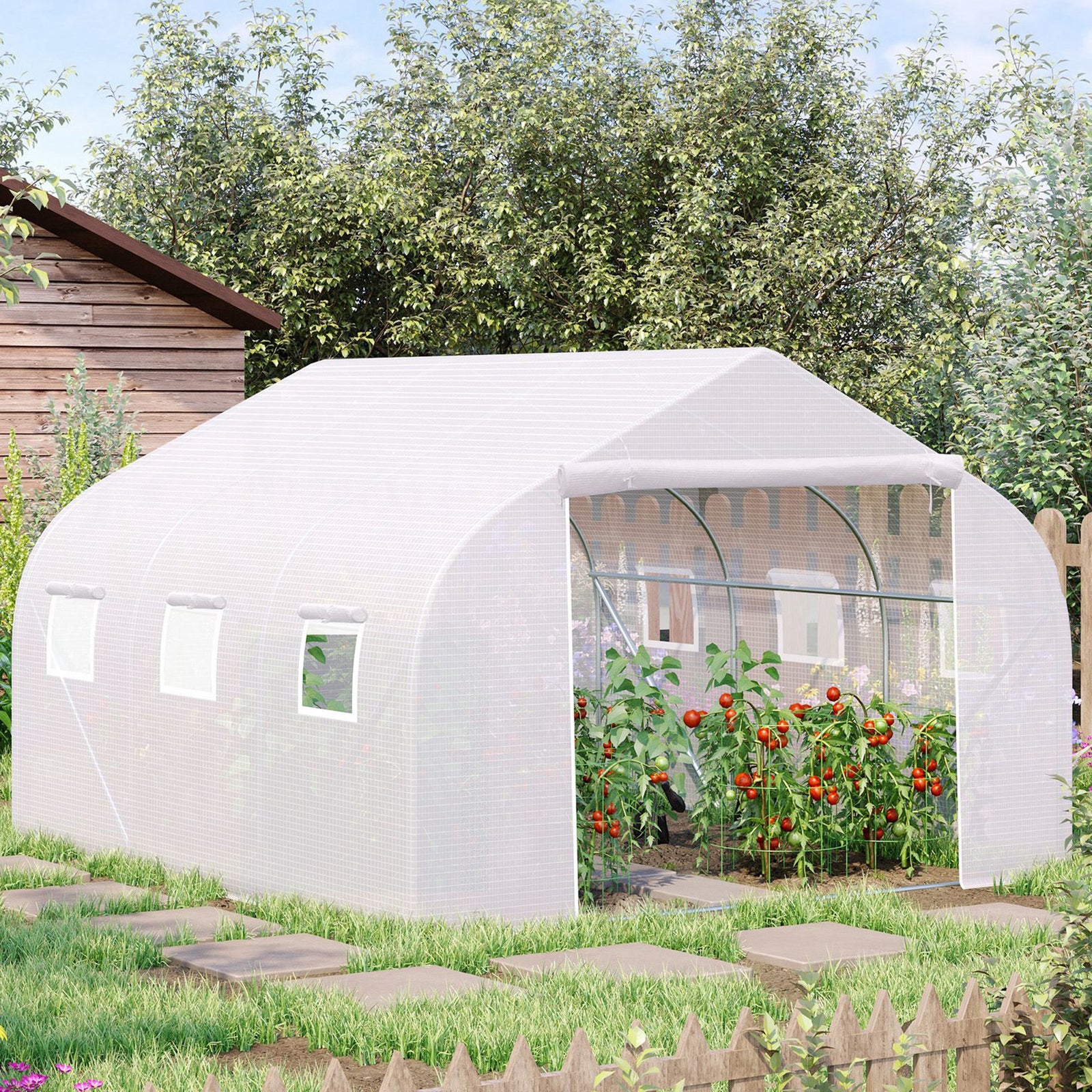 Walk-In Polytunnel Greenhouse Warm House Garden Tunnel Shelter Plant Shed with Door and Windows, Galvanised Steel Frame, 3.5 x 3 x 2m, White