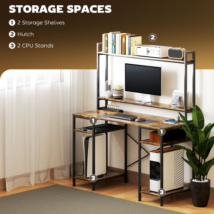 Computer Desk with Power Outlets and LED Lights, Home Office Desk with Monitor Stand, 2 CPU Stands and Storage Shelves, Study Table Gaming Desk with Hutch, Rustic Brown