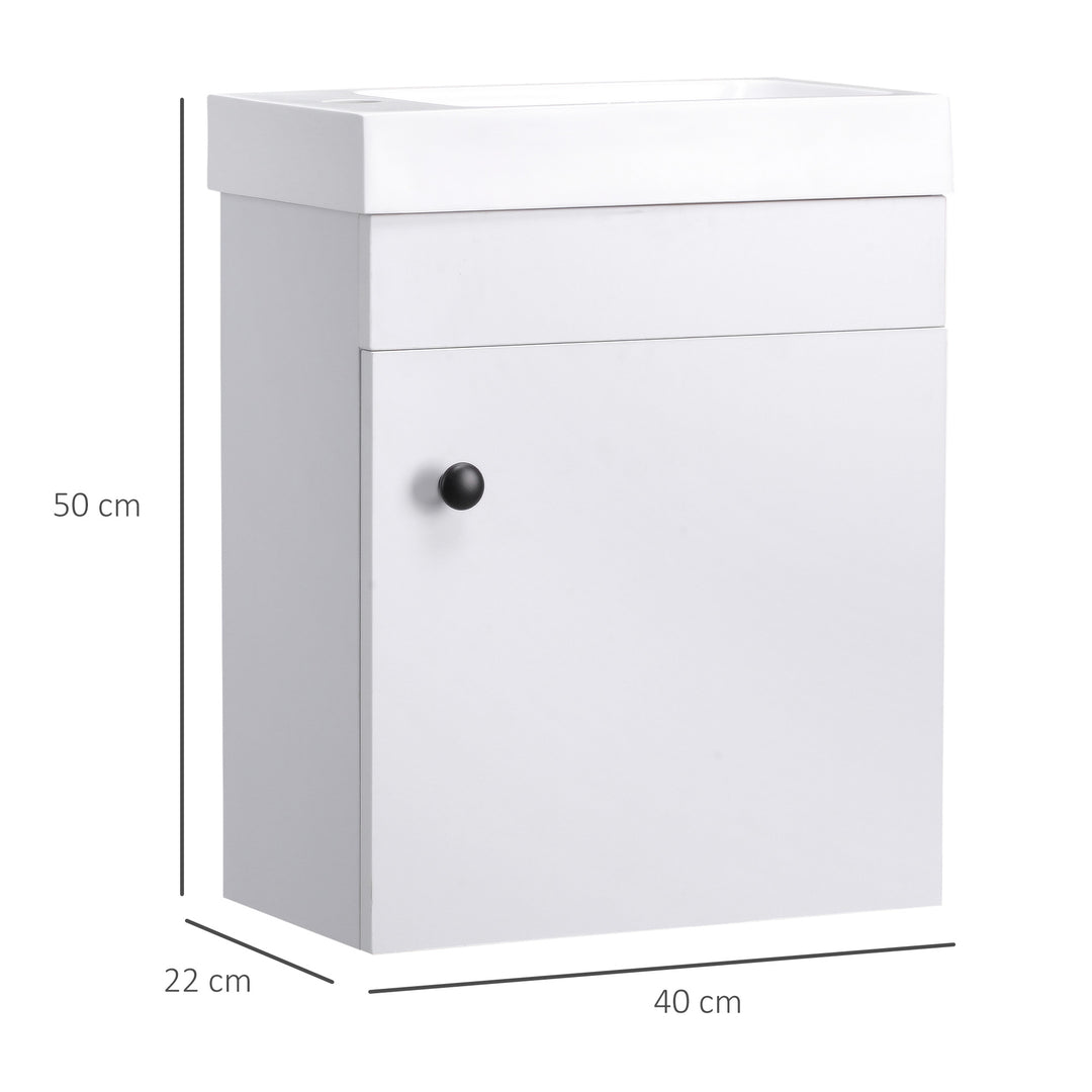 kleankin Bathroom Vanity Unit with Basin, Wall Mounted Bathroom Wash Stand with Sink, Tap Hole and Storage Cabinet, White