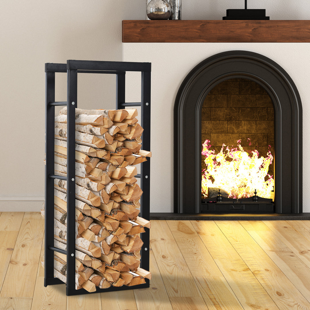 HOMCOM Metal Firewood Log Holder Tall Firewood Rack Indoor Outdoor Fireplace Wood Storage Shelf with Side Rails, Black, 40W x 25D x 100H cm