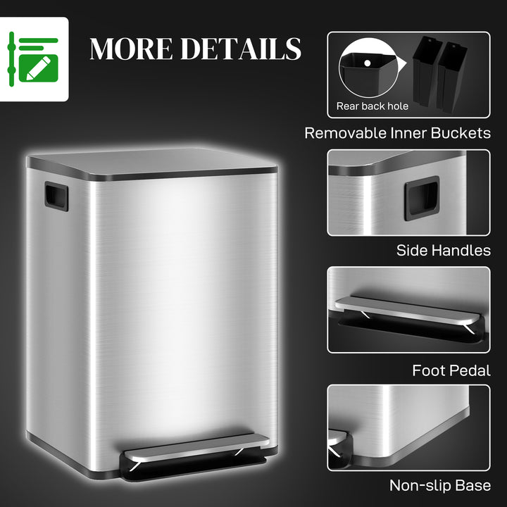 40L Dual Compartment Stainless Steel Bin, with Deodoriser Holders - Si