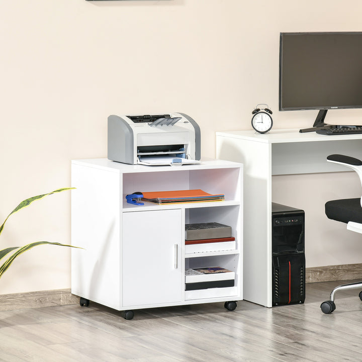 HOMCOM Mobile Printer Stand with Multiple Storage, Office Desk Side Unit on Wheels, Modern Design, 60L x 50W x 65.5H cm, White | Aosom UK