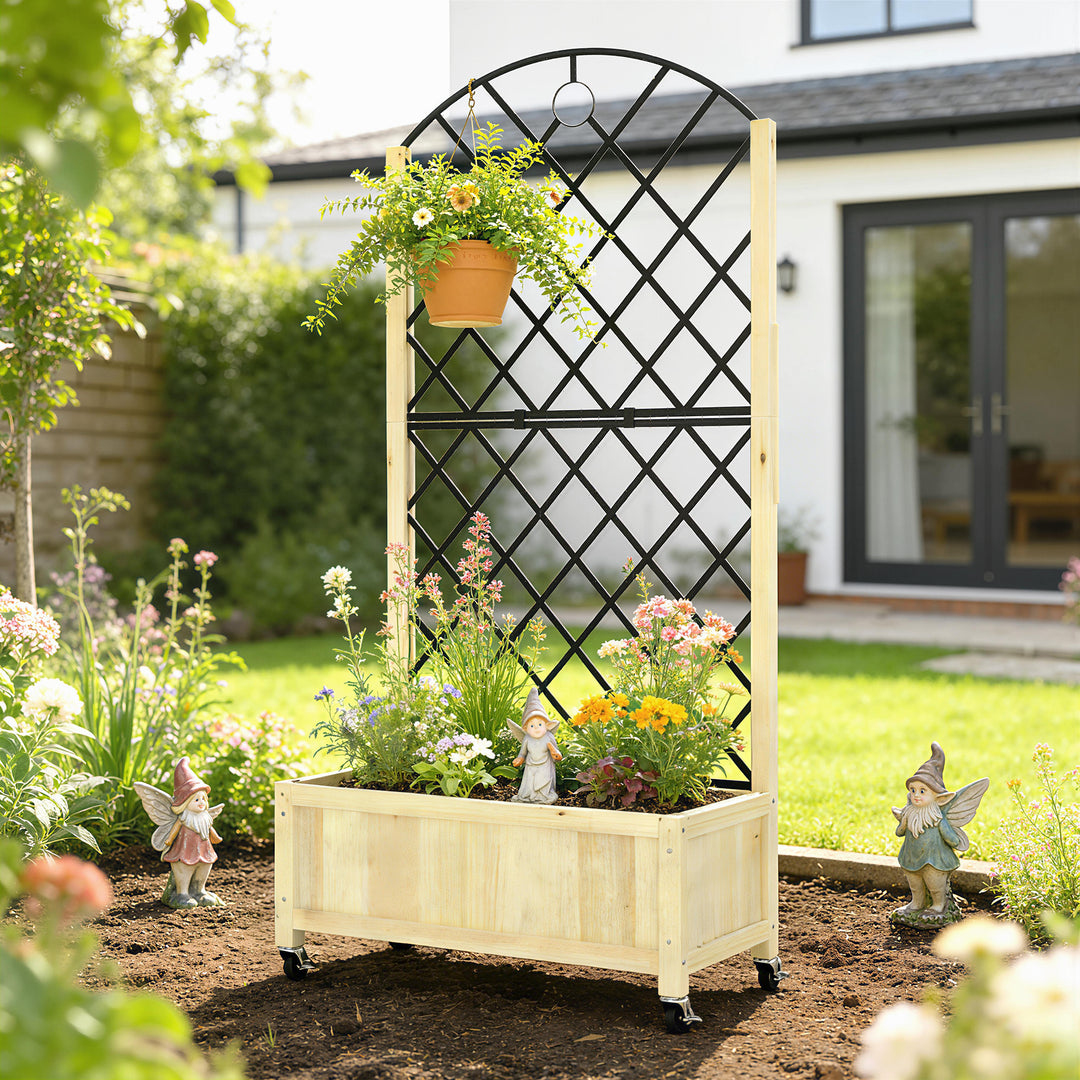 Raised Garden Bed with Metal Trellis, Wooden Elevated Planter Box with