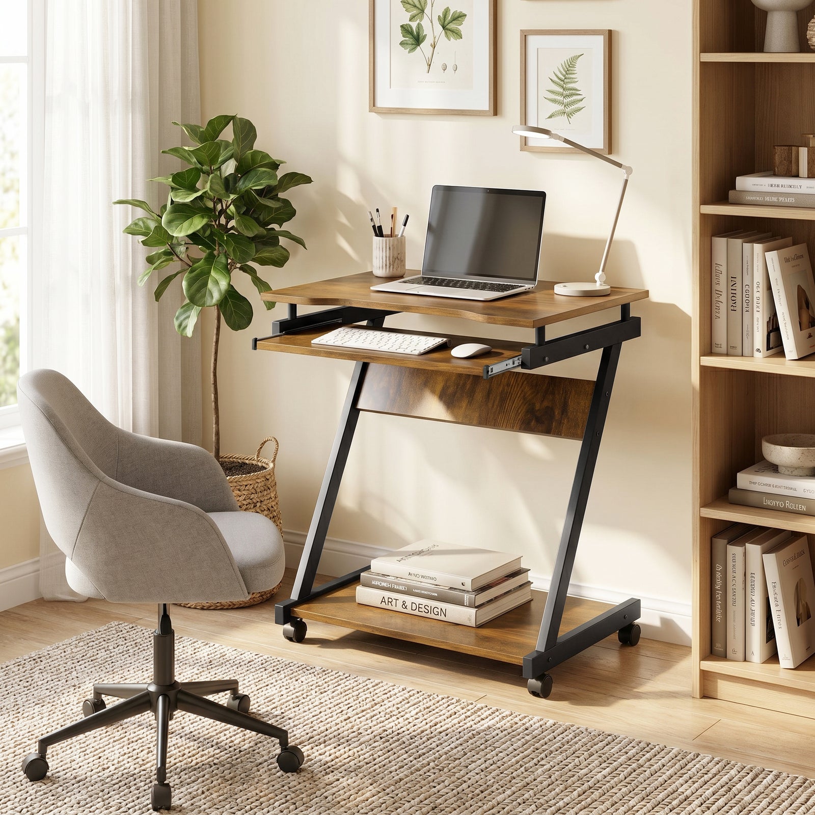 Movable Computer Desk with 4 Moving Wheels and Keyboard Tray