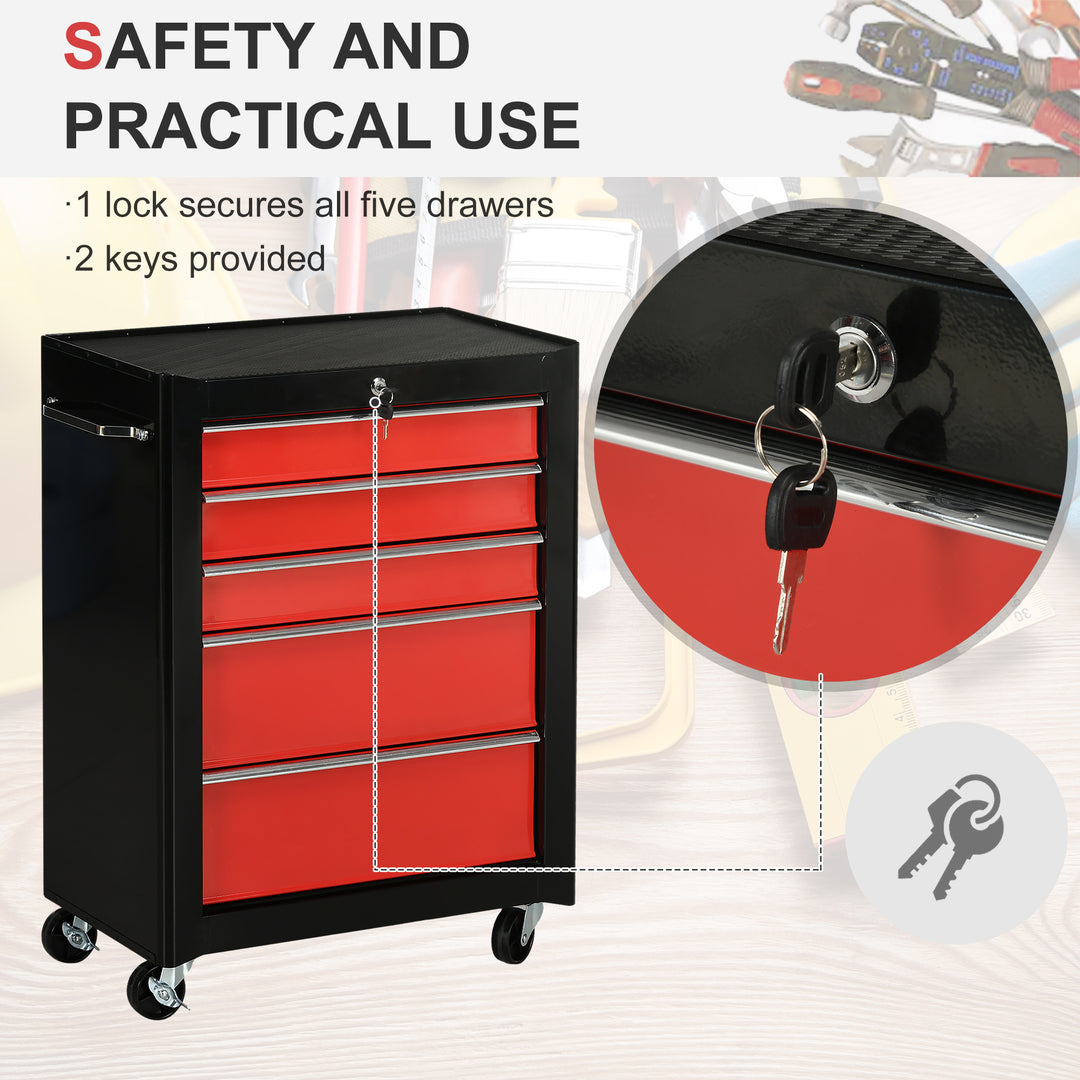 HOMCOM Tool Chest with 5 Drawers, Lockable Steel Storage Cabinet on Wheels with Handle, Red, for Garages & Workshops | Aosom UK