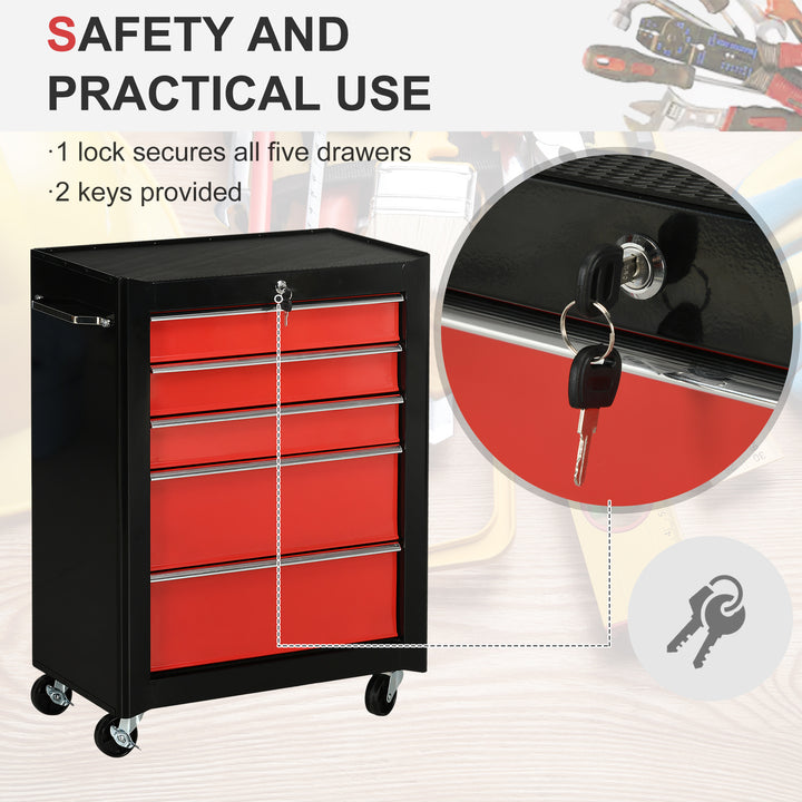 HOMCOM Tool Chest with 5 Drawers, Lockable Steel Storage Cabinet on Wheels with Handle, Red, for Garages & Workshops | Aosom UK