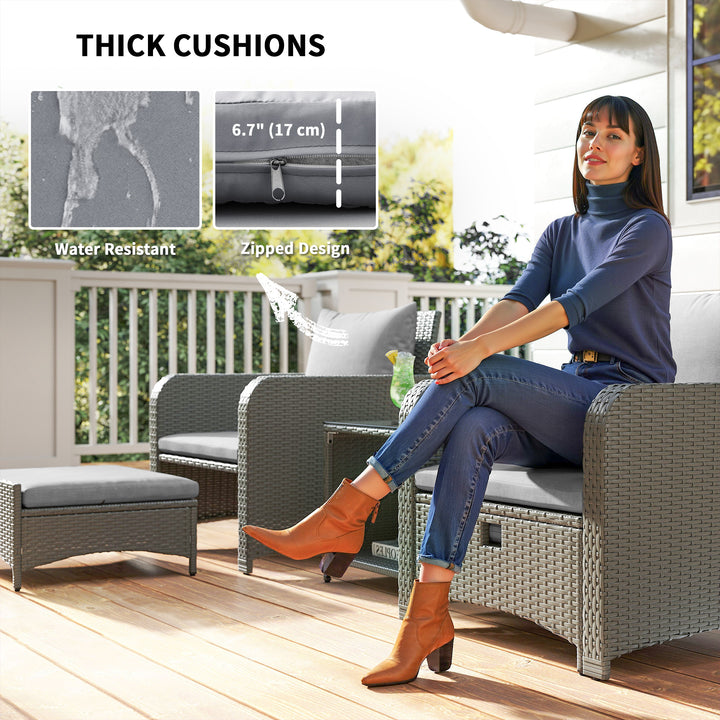 Five Piece Rattan Garden Furniture Set with 2-Tier Coffee Table and Ottomans - Grey